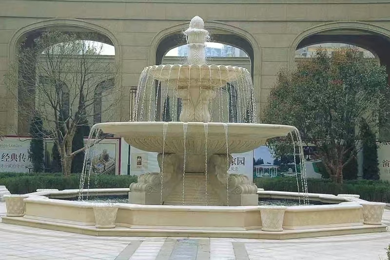 大连 黄金麻花岗岩异型加工——户外庭院石雕流水喷泉